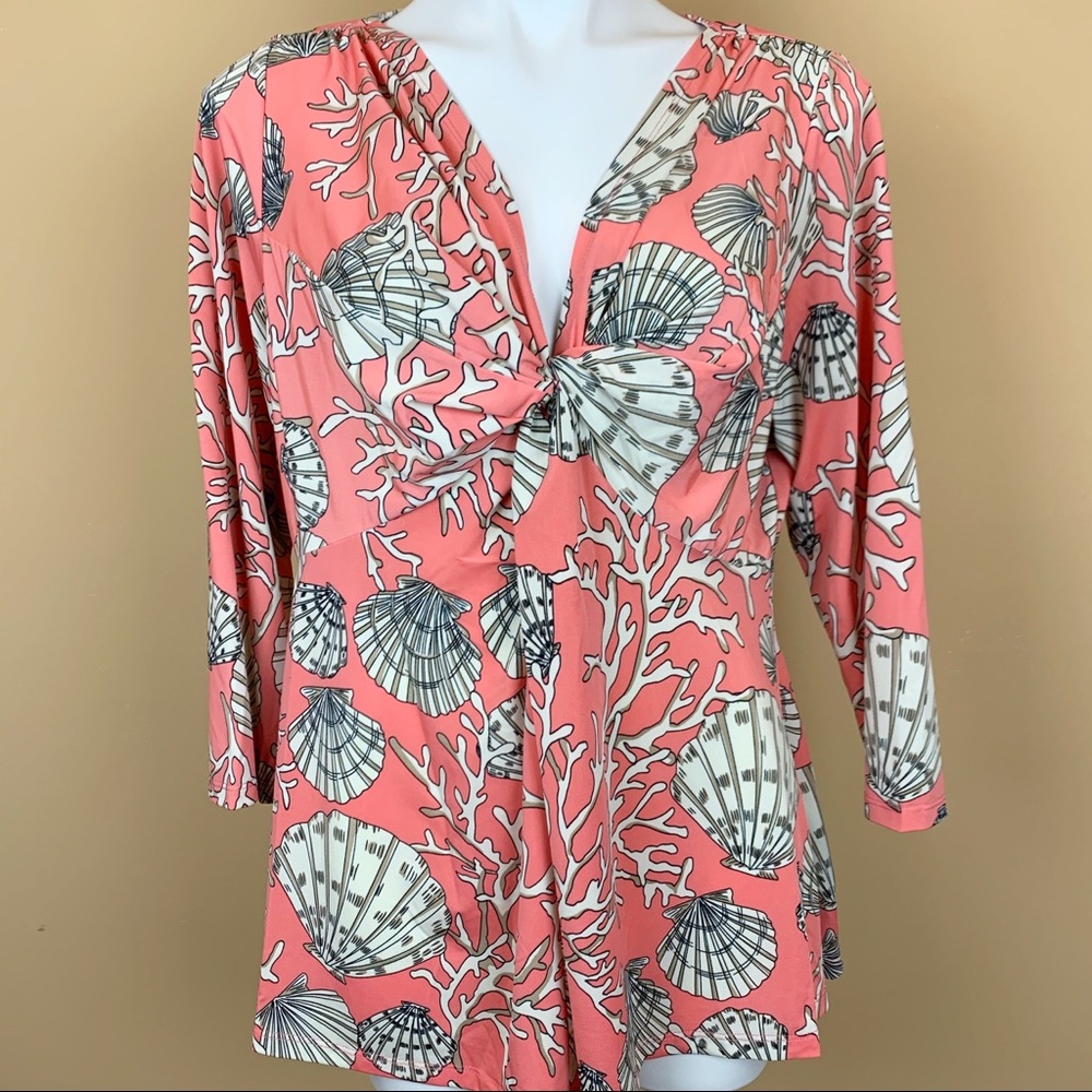Boston Proper Coral Shell-Print Twist-Front Blouse